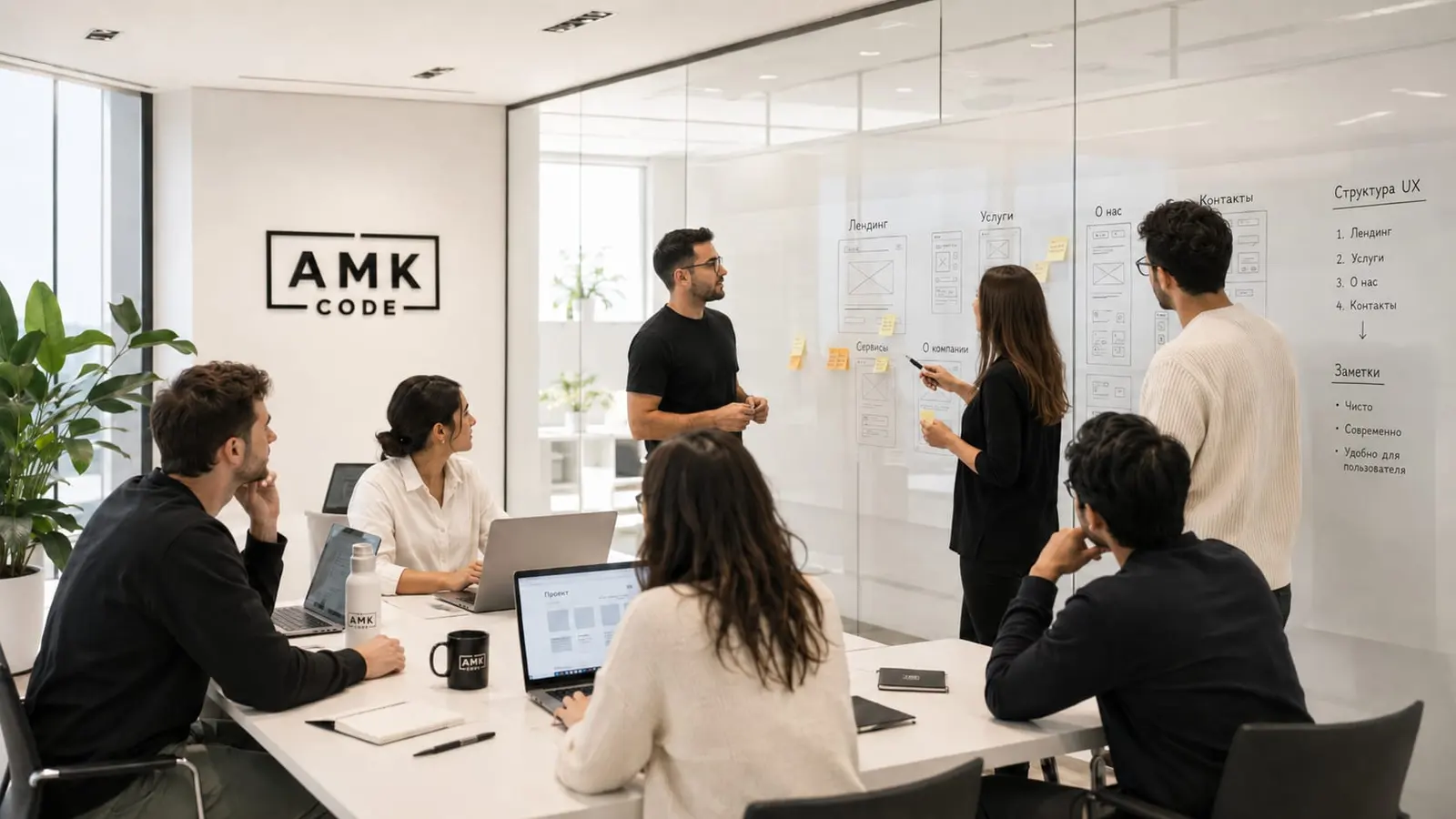 The AMK.code team mapping out a site structure at a whiteboard with prototypes