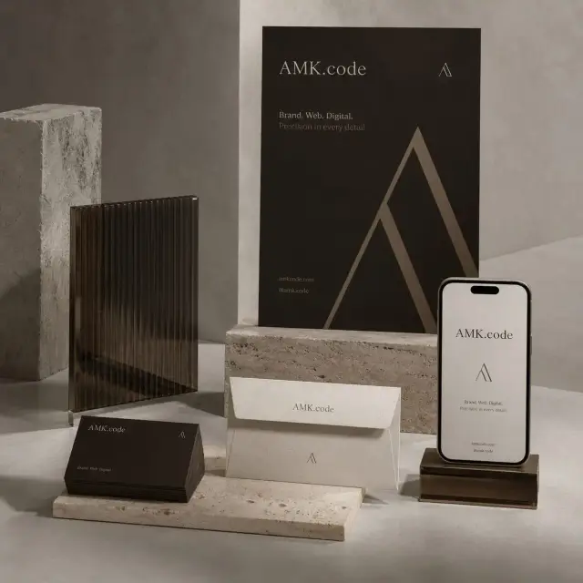AMK.code identity: poster, envelope, cards and the site on a phone