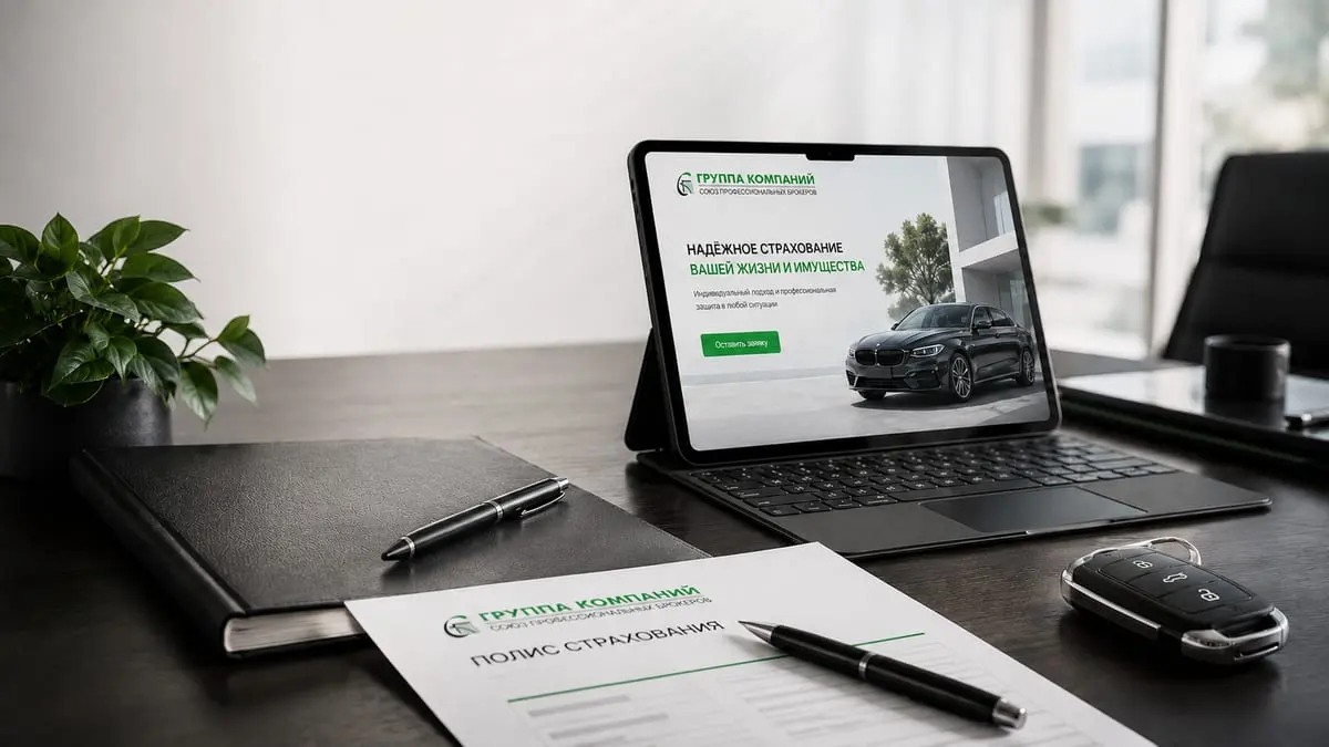 Brand scene: the client’s site on a tablet beside an insurance policy